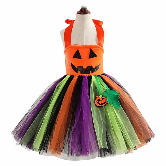 Halloween Tutu Dress Christmas Outfits Cute Pumpkin Sparkly Dresses with Straps #05 Orange Size 3Y
