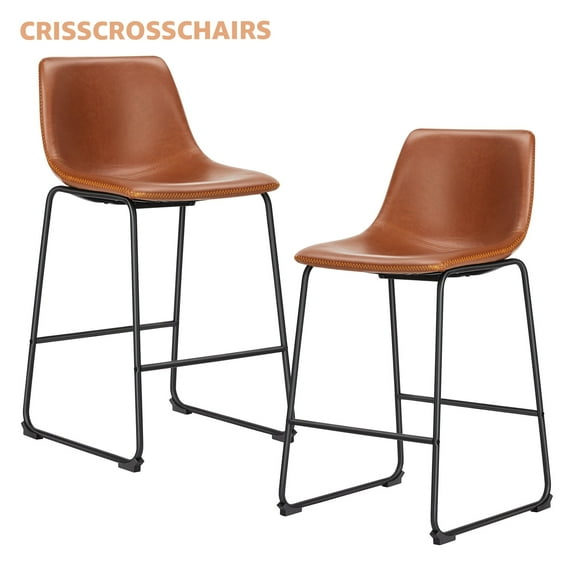 CRISSCROSSCHAIRS Counter Height Bar Stools Set of 2, Modern Faux Leather Barstools with Back, Metal Legs, 26 inch Seat Height