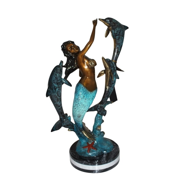 Mermaid with 3 dolphins Bronze Statue - Size: 16"L x 10"W x 25"H.