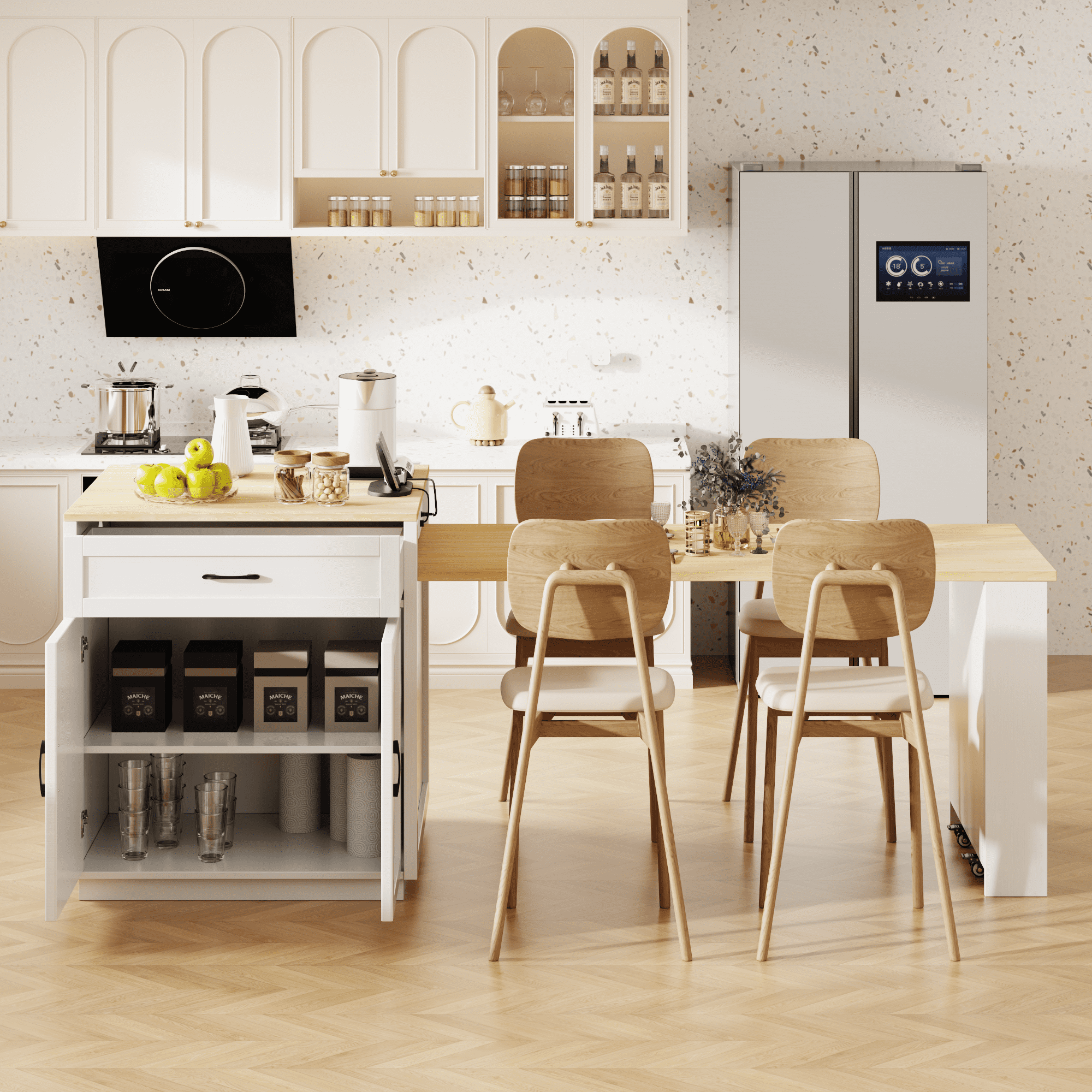EUROCO 82.7" Kitchen Island with Extendable Dining Table for 4-6 Person,Two-tone Kitchen Table with Double-sized Storage, Power Outlet,2 Drawers and 2 Side Open Shelves,White