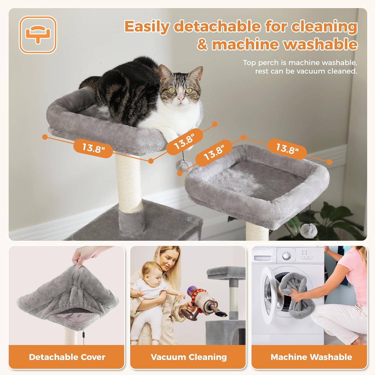 LEHOME 70 Inch Cat Tower, Tall Cat Tree with 2 Cozy Condos, 2 Plush Perch, Large Basket, 2 Scraching Pad & 6 Scraching Posts for Indoor Cats Large Adult, Gray