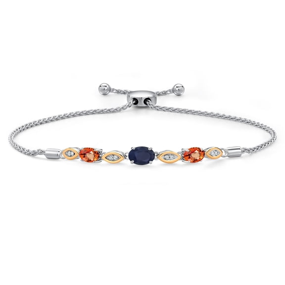 Gem Stone King 925 Silver and 10K Yellow Gold Blue Sapphire and Orange Sapphire and Lab Grown Diamond Bracelet for Women | 2.16 Cttw | Gemstone September Birthstone | Oval 7X5MM | Fully Adjustable 9"