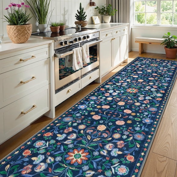 OJIA Runner Rug Washable Kitchen Runner 2'6"x10' Boho Non-Slip Runner Rug for Entryway Indoor Floral Soft Carpet Runner for Hallways, Kitchen, Laundr