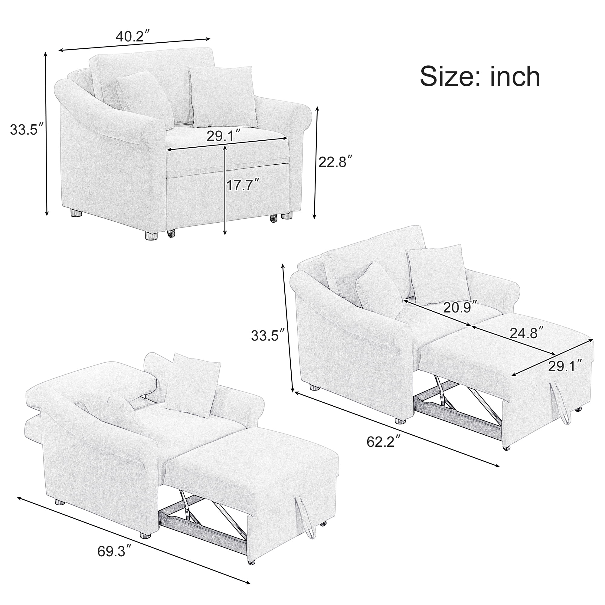 Euroco Chenille Convertible Sleeper Chair with Adjustable Backrest, 3 IN 1 Lounger Chair Turns Into Bed, Single Bed for Living Room, Beige
