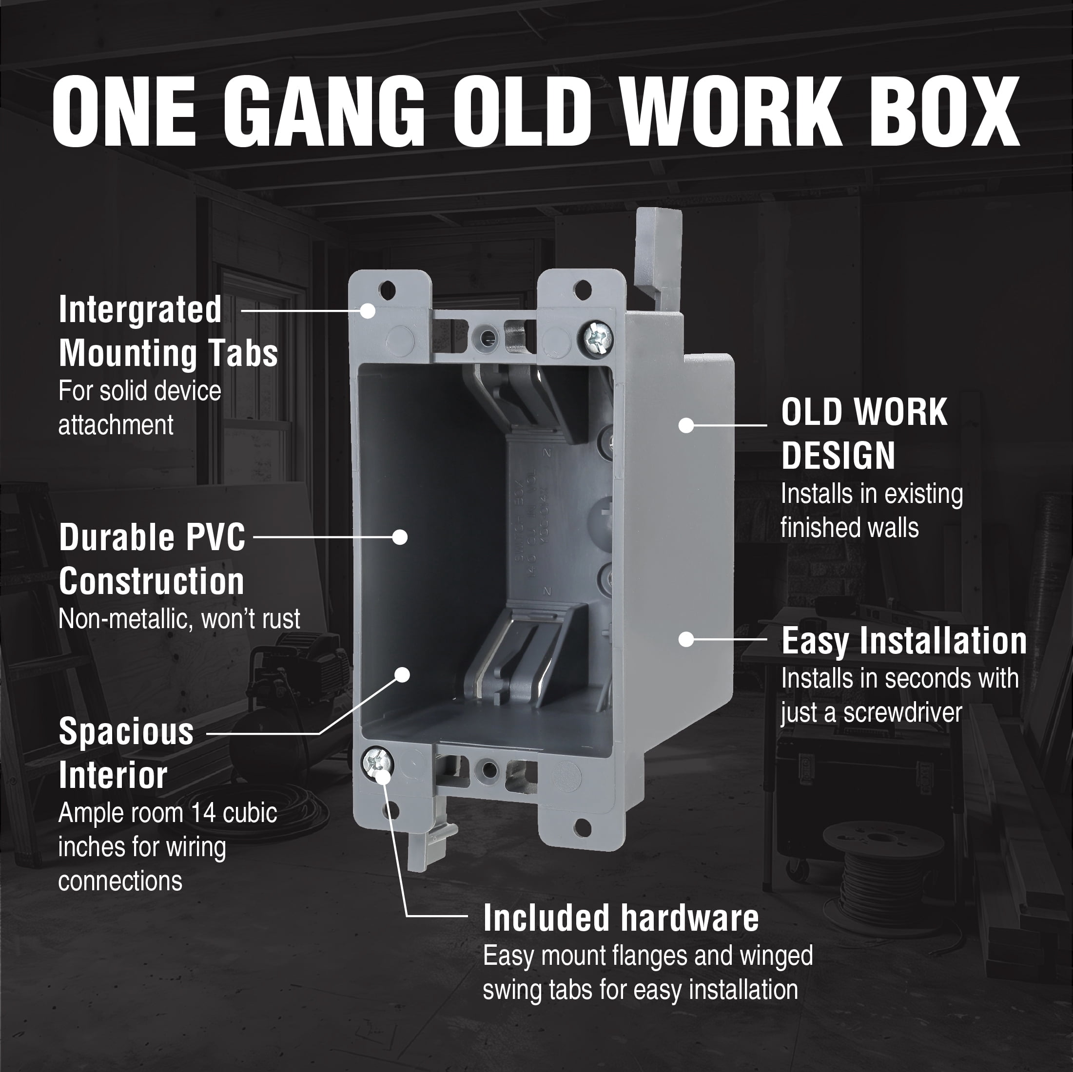 Hyper Tough PVC One-gang Box Receptacle Switch/Outlet Electrical Box TD35071Z, 4.25 in X 2.75 in X 2.25 in