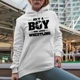 thumbnail image 2 of Just a Boy Who Loves Wrestling, Wrestler Fan or Show Enthusiast, White Hooded Sweatshirt or Hoodie, Small, 2 of 5