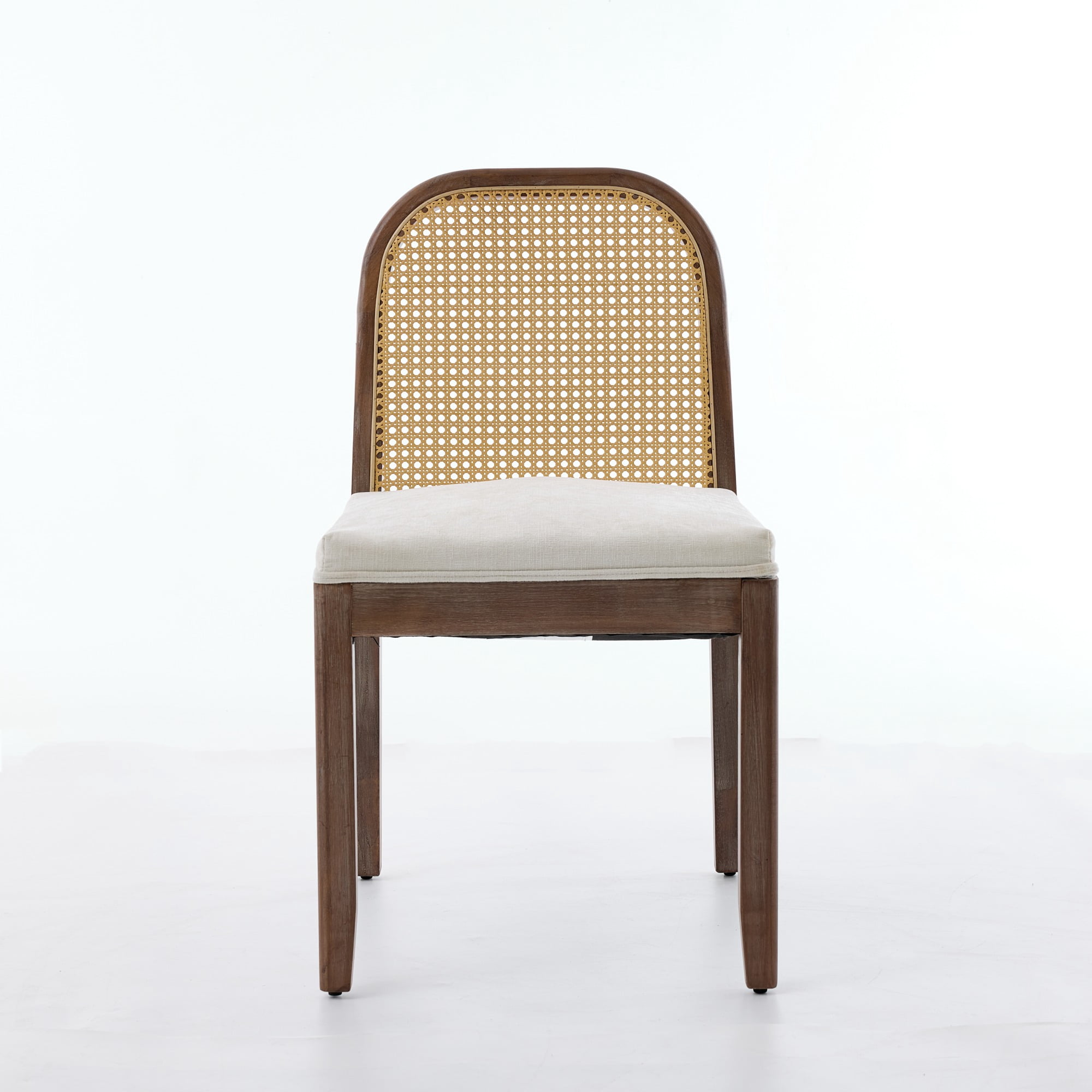 Set of 2 Curved Arched Cane Back Dining Chairs, Farmhouse Side Chairs, Distressed Solid Wood Frame, Chenille Cushion with S-Spring and Sponge,Armless Accent Chairs for Kitchen, Beige
