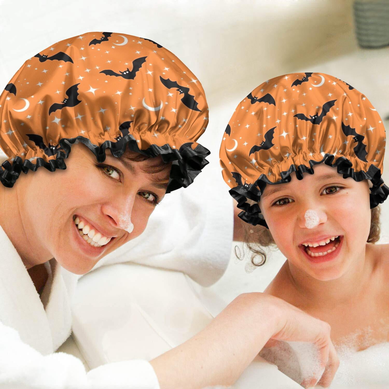 Shower Caps,Halloween Bats with Moons and Stars Waterproof Shower Cap for Women 4 Pieces,Double Reusable Hair Cover for Shower PEVA Elastic Stretch Hem
