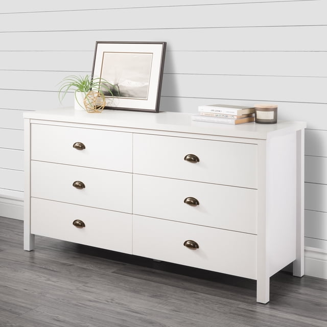 CorLiving Boston Faux Wood-Grain Wide 6-Drawer Tip Resistant Dresser with Interlocking Drawers