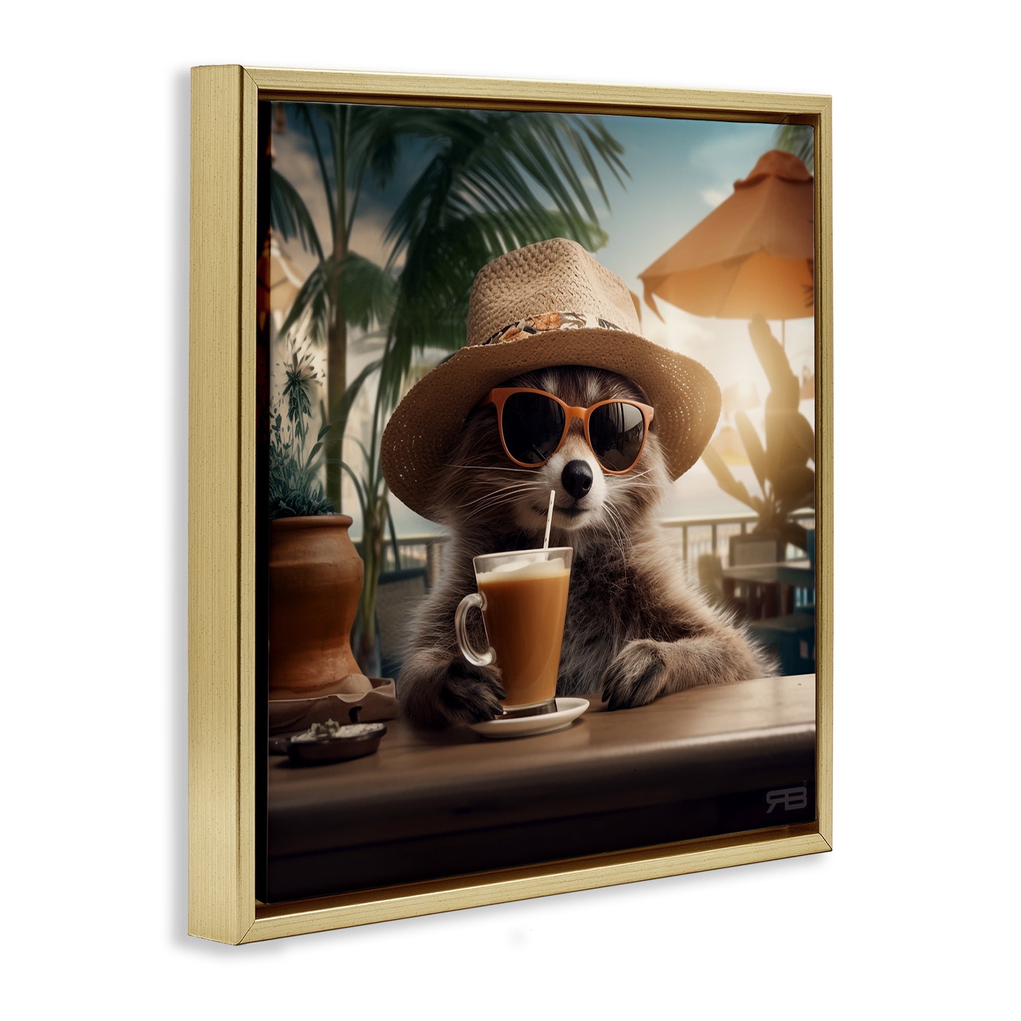 Stupell Industries Animal Sipping Tropical Drink Animals Painting Gold Floater Framed Canvas Art Print Wall Art, 25 x 25