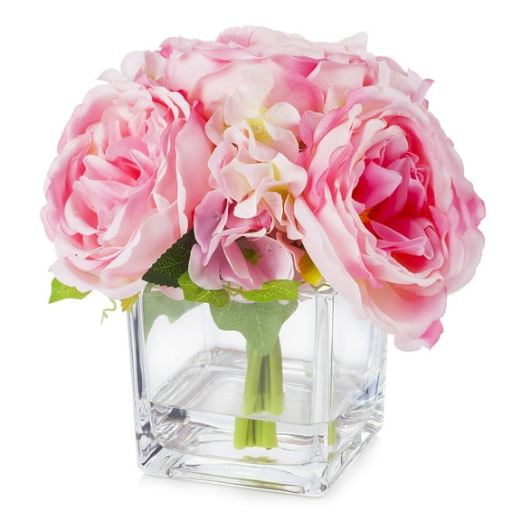 Enova Home Artificial Flowers Mixed Silk Peony and Hydrangea Fake Flowers in Cube Glass Vase with Faux Water for Home Office Wedding Decoration (Pink)