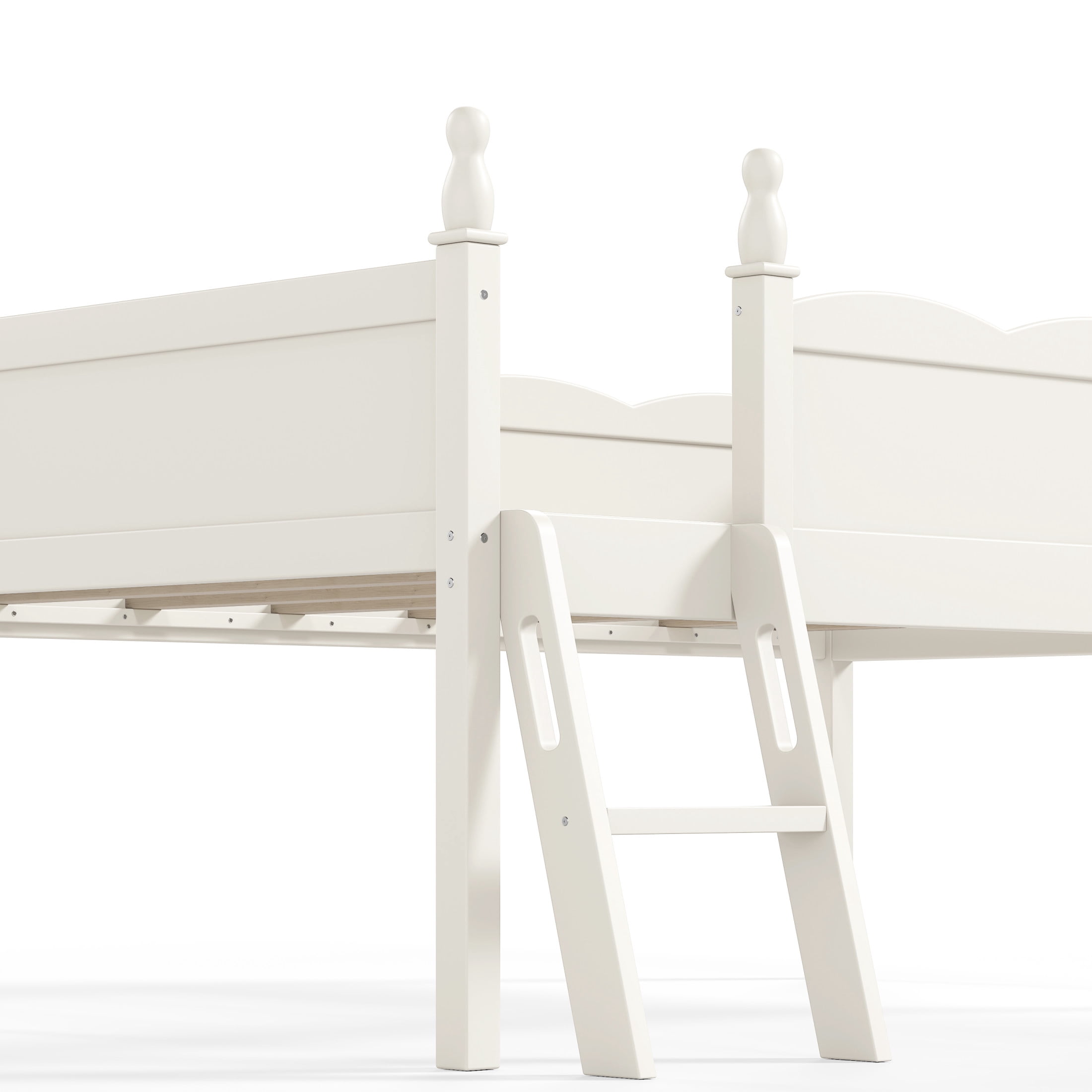 GDF Studio Twin Size Low Loft Bed with Guardrails, Ladder & Side Bookshelf, Chic Design, Beige
