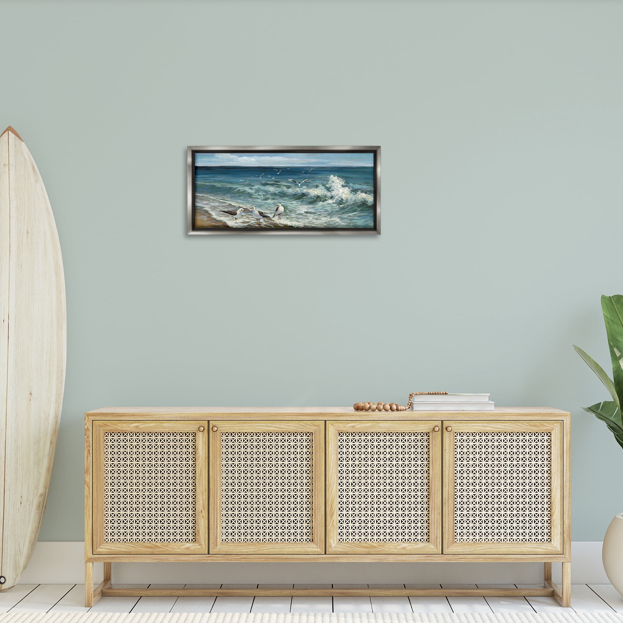 Stupell Industries Incoming Beach Tide Seagulls Nature Painting Gray Floater Framed Canvas Art Print Wall Art, 31 x 14
