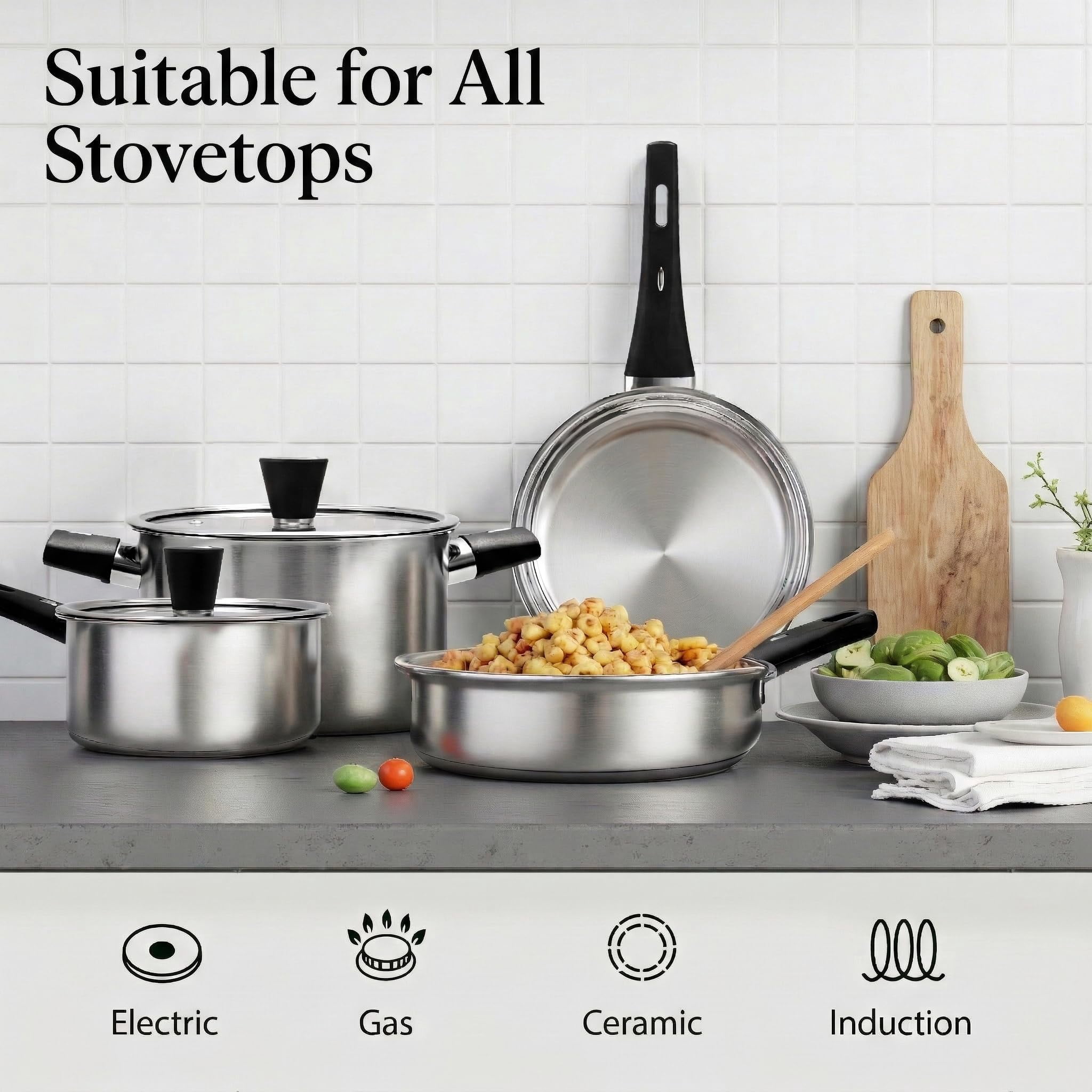 Stainless Steel Pots and Pans Set Non Toxic, 6PCs Kitchen Cookware Sets with Stay-Cool Handles, Dishwasher Safe&Compatible with All Stovetops(Gas,Electric&Induction)