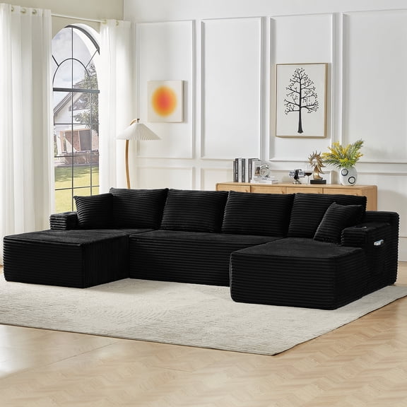 125" Modular Sectional Sofa Couch, Modern Corduroy Cloud Couch with Cupholders and Storage, Deep Seat U Shape Sofa Boneless Couches for Living Room, No Assembly Required, Black