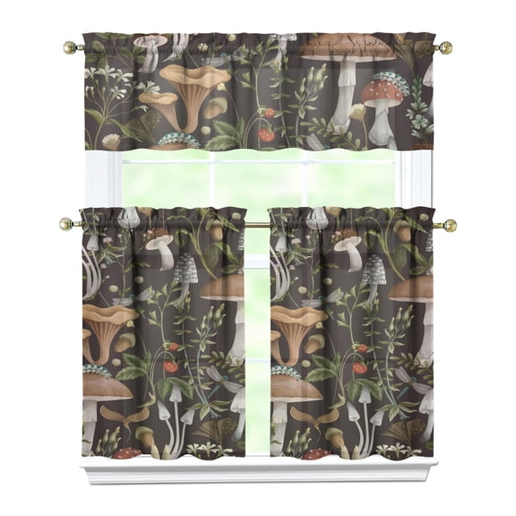 Kitchen Curtains 36 Inch Short - 3 Panel Set, Rod Pocket Window Curtain with Boho Vintage Mushroom Print, 100% Polyester for Farmhouse, Cafe, Kitchen, Bedroom, Easy Wash