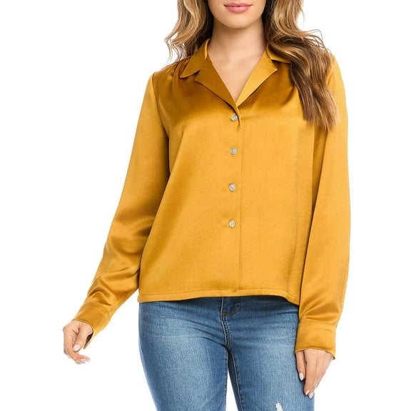 Karen Kane Womens Satin Collared Button-Down Top