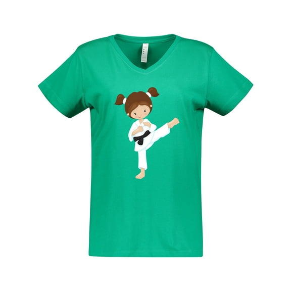 Inktastic Cute Girl, Brown Hair, Karate Pose, Black Belt Women's V-Neck T-Shirt