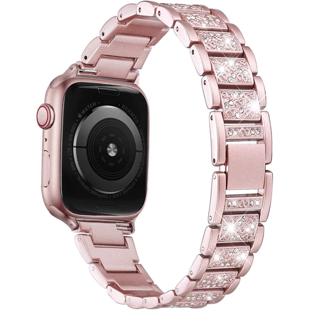 Bandas compatibles con Apple Watch Band 45 mm/44 mm/42 mm Iwatch Series 9/8/7/6/5/4/3/2/1, pulsera de repuesto elegante de metal con diamantes de imitación para mujer, oro rosa Rojo Verde Cocina, Decoración y Otros