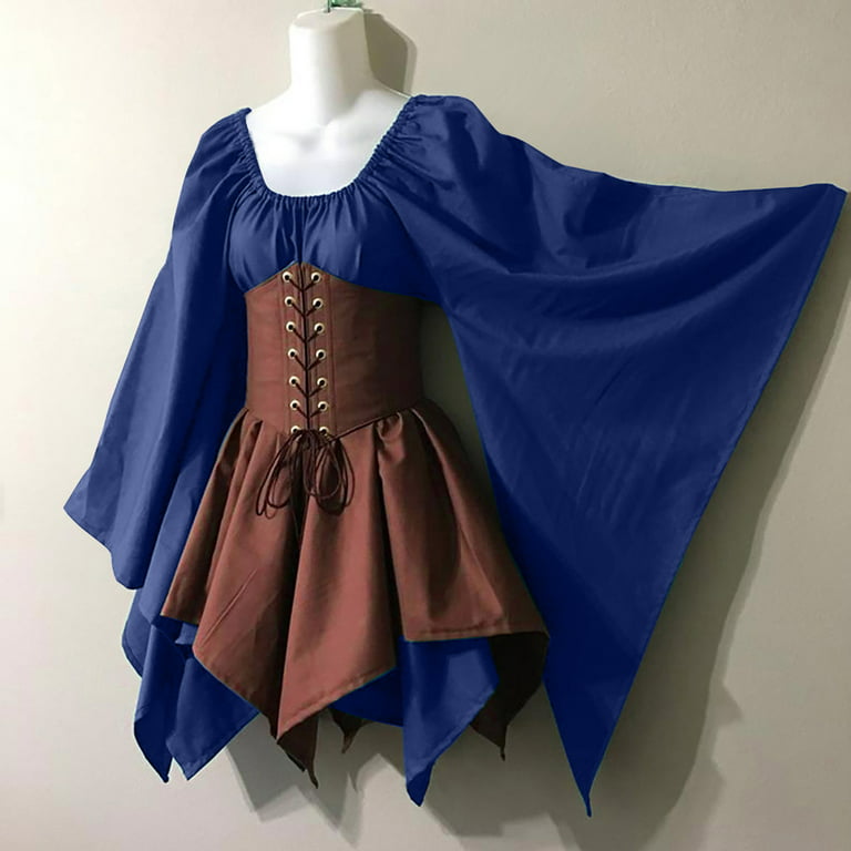 YYDGH Renaissance Medieval Dress for Women Costume Bell Sleeve Corset Skirt  Overskirt Gown Blue L