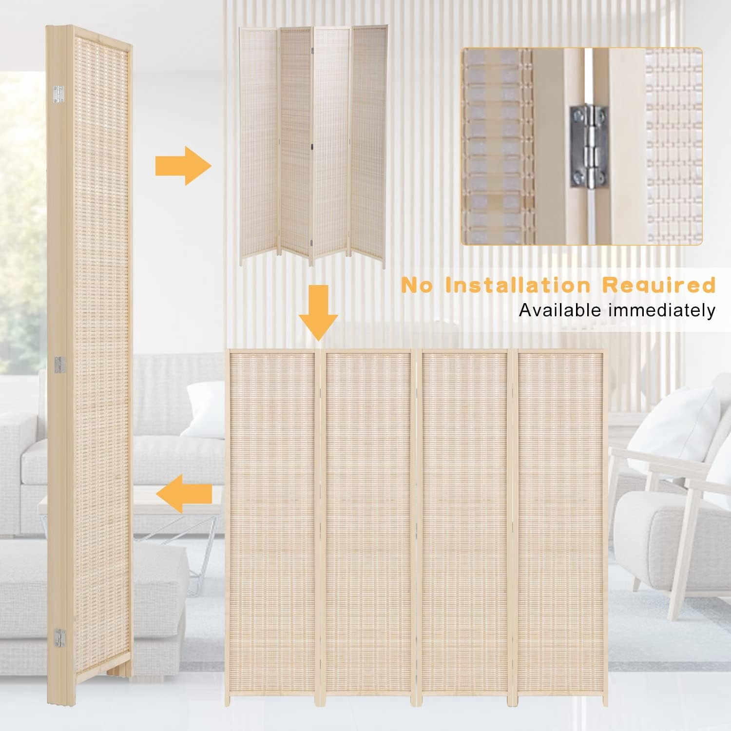 Room Dividers Folding Screen Partitions 4 Panel Privacy Screen, Partition Wall Tall Room Divider for Bedroom Study Portable Room Seperating Divider Home Furniture, Natural