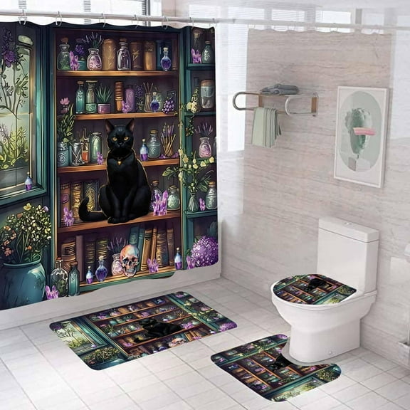 4PCS Cute Ghost Shower Curtain Sets With Rugs, Fun Halloween Shower Curtain, Waterproof Fabric Shower Curtain, Gothic Spooky in Bathtub Vintage Dark Rose Daisy Black Floral Kids Bathroom Decor