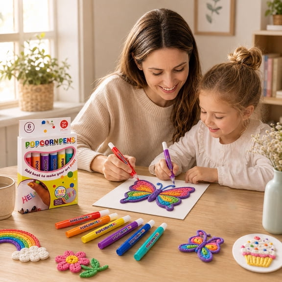 Popcorn Pens 3D Art Set for Kids, 6 Colors Magic Puffy Ink Pens, DIY Bubble Drawing for Greeting Cards & Crafts, Heat Required (No Dryer Included)