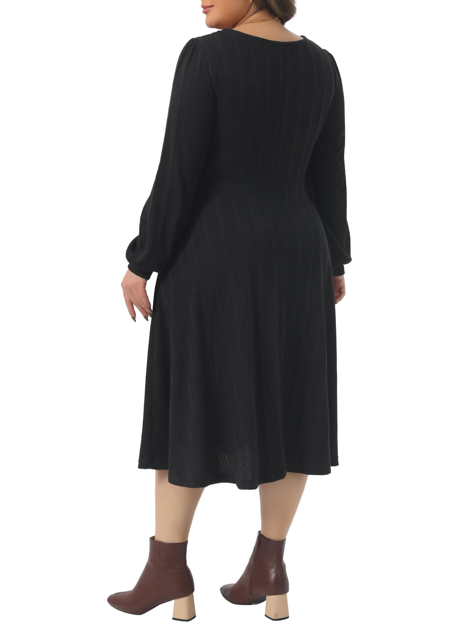 DARING DIVA Women's Plus Size Knit Long Sleeve A Line Midi Pockets Dress 4X Black
