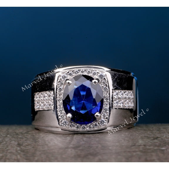 Blue Sapphire Men's Diamond Ring, Men's Halo Diamond Engagement Ring, Wide Band Men's Ring, 2.3 Ct Simulated Sapphire And Diamond, 925 Sterling Silver, Father's Day Gift