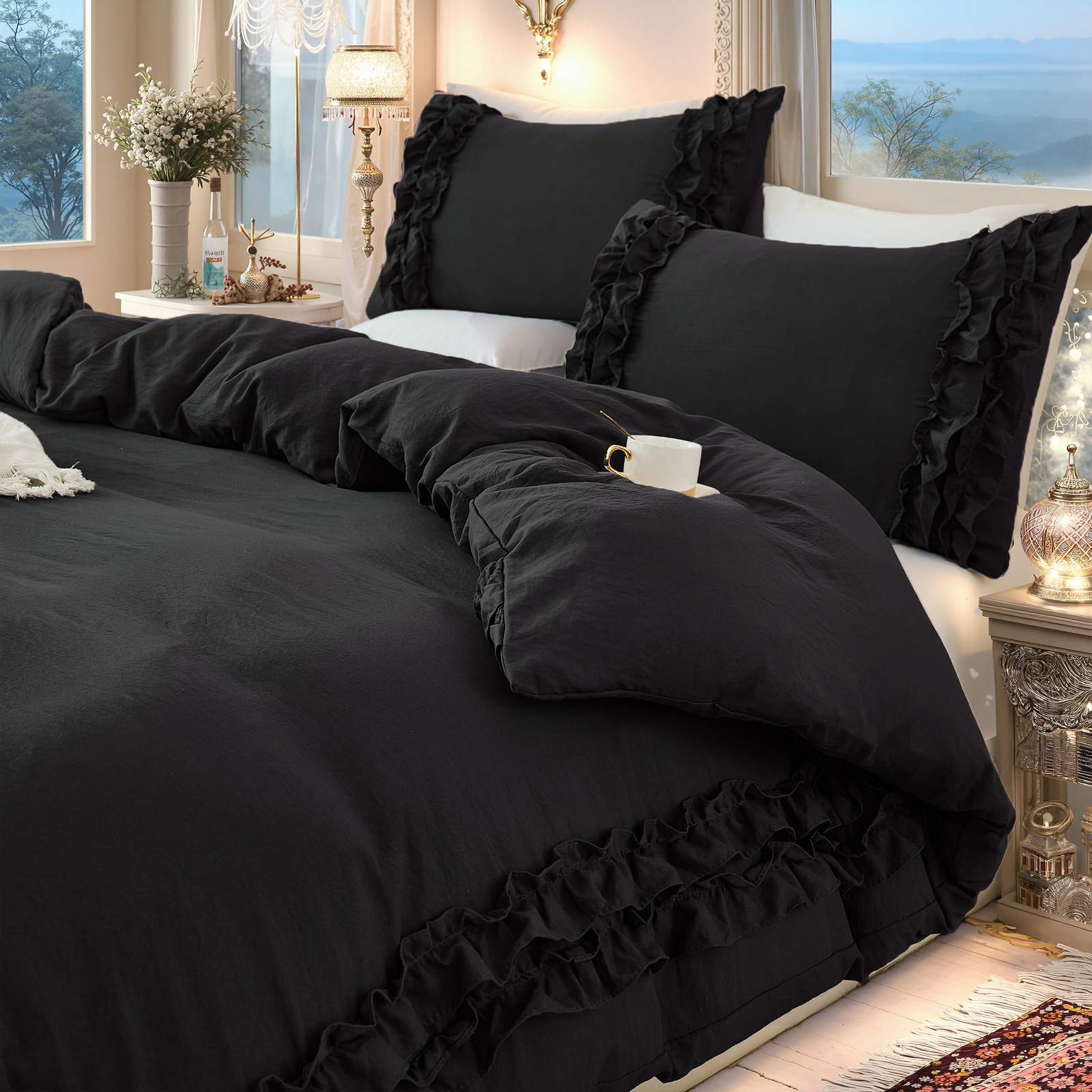 Boho Ruffled Comforter Set Super Soft Cozy Bedding Set with Pillowcases Elegant Chic Bedroom Decor Rustic Farmhouse Quilt Comforter 3 Pcs Set