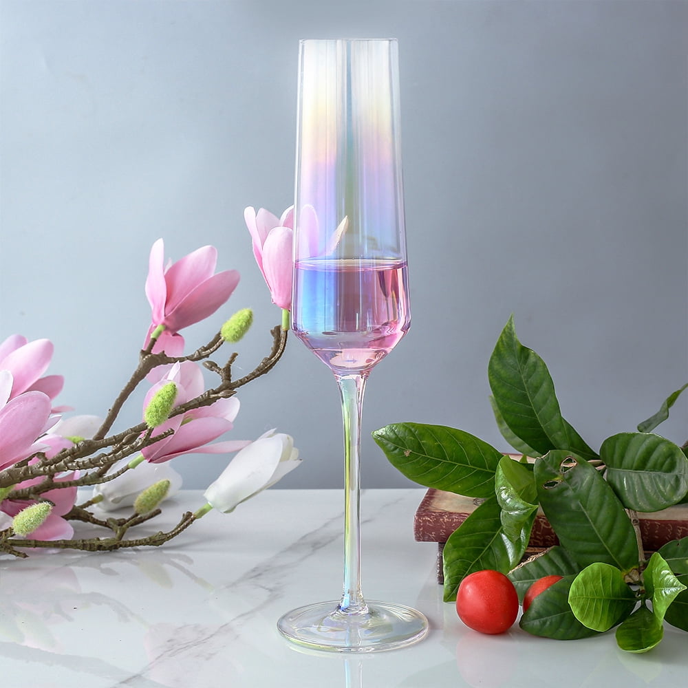 Gutsdoor Iridescent Glass Champagne Flutes Crystal Colored Champagne Glasses Set of 2 Wedding Flutes Bride and Groom Glasses Graduation Gift Sets & Father"s Day & & Birthday
