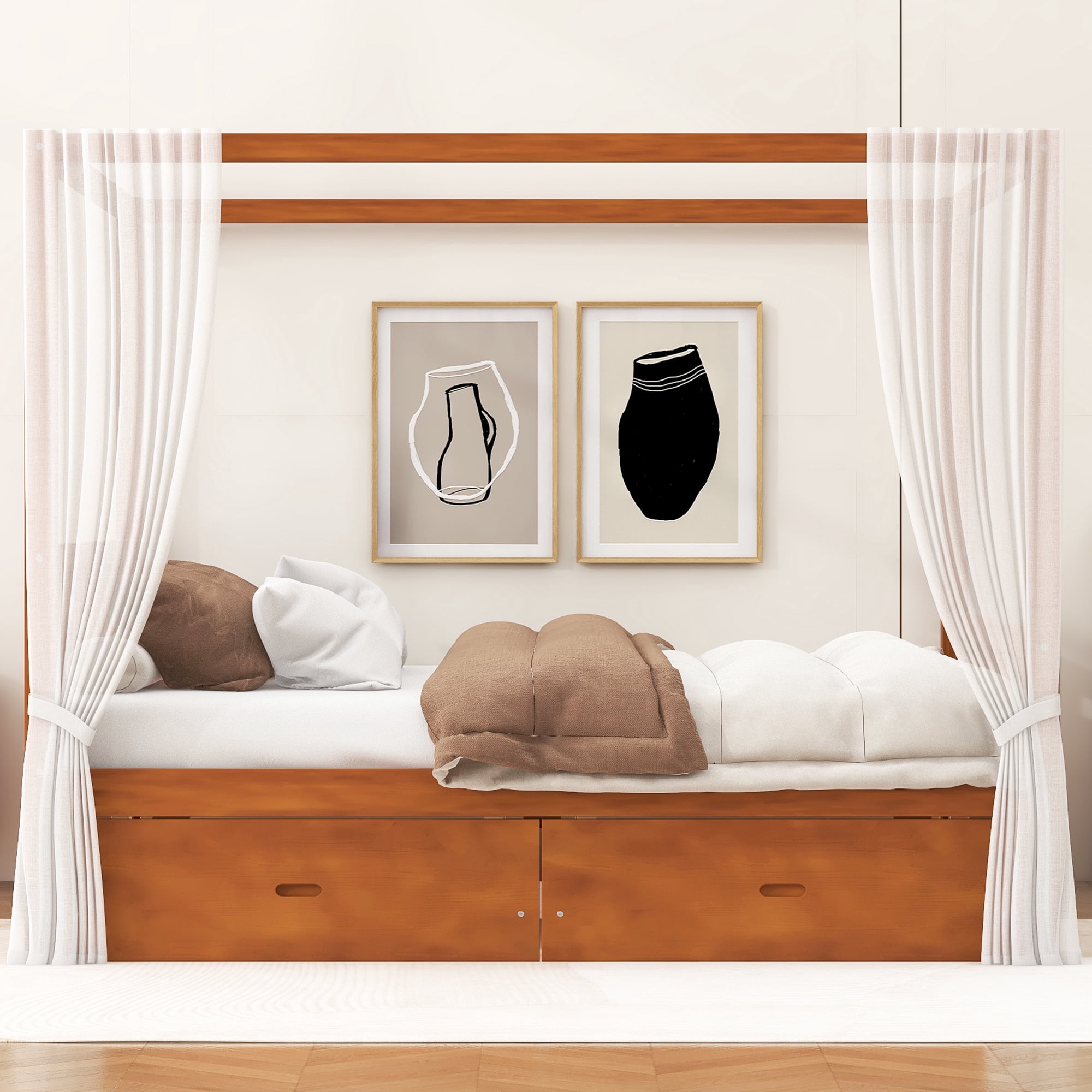 Mintazer King Size Canopy Bed with 2 Storage Drawers, Platform Bed Frame with Slatted Guardrails, No Box Spring Needed, Walnut