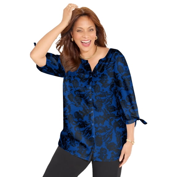 Catherines Women's Plus Size Georgette Button Down Tie Sleeve Cafe Blouse