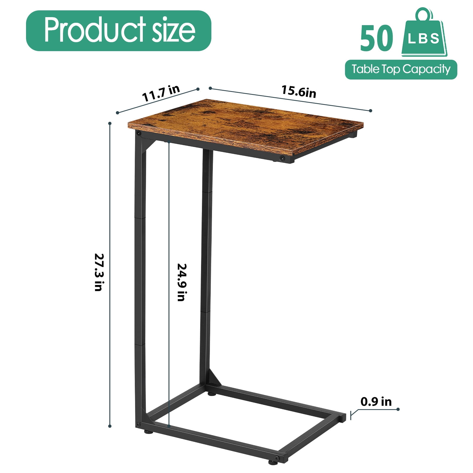 Tall C‑Shaped Side Table, 27.5 Inch Easy‑Assembly C Table for Sofa and Bedside, Single Pack Brown