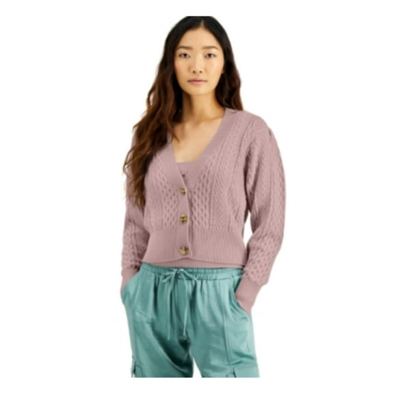 I.N.C Womens Cable Knit Cardigan Sweater, Pink, Medium