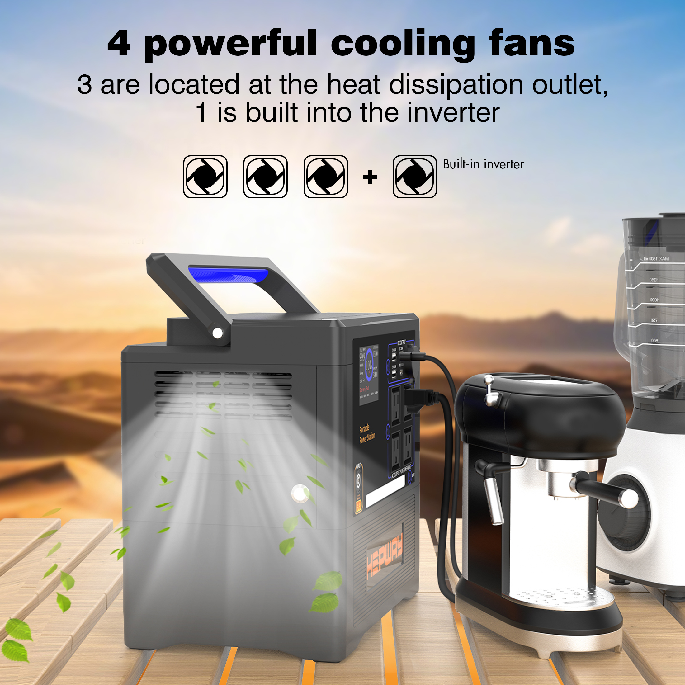 HEPWAY Portable Power Station 2400W Peak, 1154Wh Lithium Battery, QC3.0 USB-C 4X120V AC Output 1300W, Support Refrigerator Mode With 4*Cooling Fans Solar Generator For Camping RV Home(No Solar Panel)