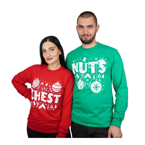 Men's Green Christmas Matching Couple Long Sleeve T-shirt Chest Nuts Funny ugly Sweater Party T-shirt (Mens Small)