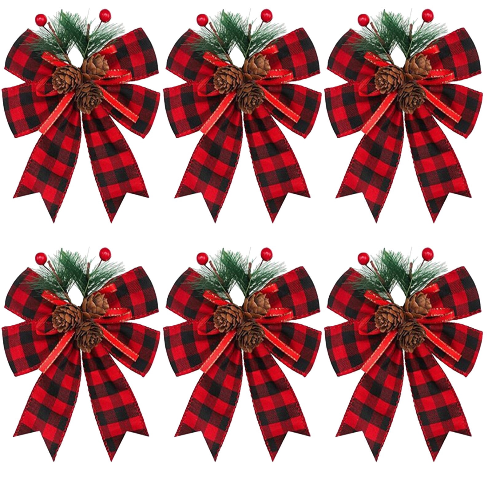 Cadorn 6 PCS Christmas Tree Bow Ornaments, Velvet Hemmed Ribbon Bows Handcrafted Festive Tree Accents for Xmas Holiday Decorations
