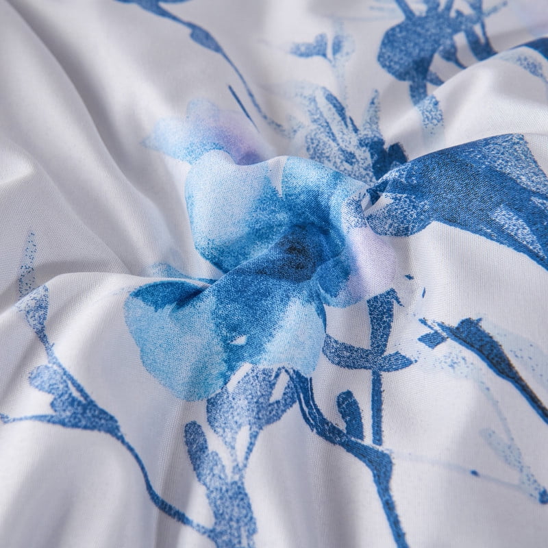 Koniroom 3Pcs Blue Blossom Comforter Set Queen Size, Blue Flower Branch on White Bedding Sets for Women