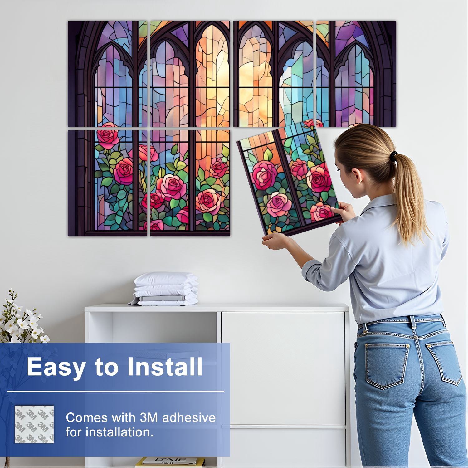 Stained Glass Style 8 Pack Art Acoustic Panels Sound Absorbing Window Pink Roses Vibrant Decorative Soundproof Wall Panels Self Adhesive for Nursery Game Room Bedroom 48"x32"