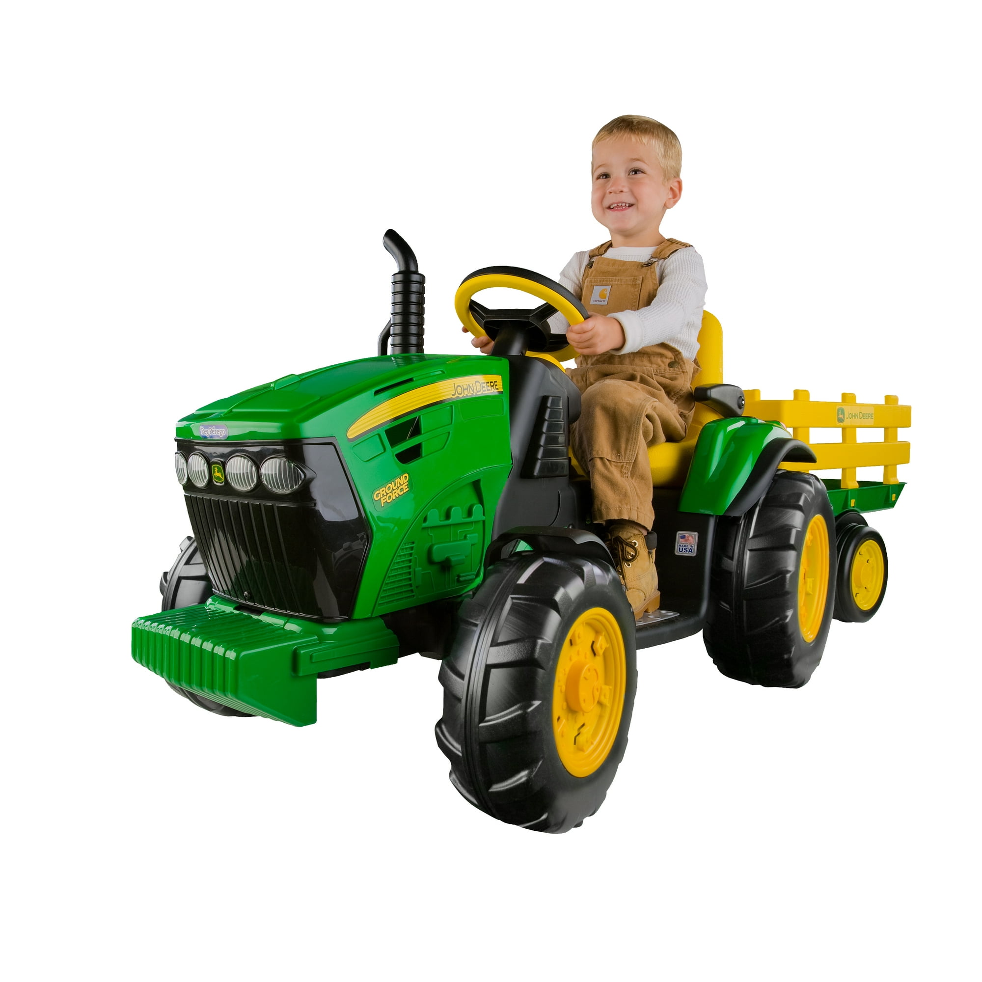 12 V Peg Perego John Deere Ground Force Extra-Large 12 Volt Ride-On Tractor with Trailer & FM Radio, Durable Design for Kids Ages 3-7