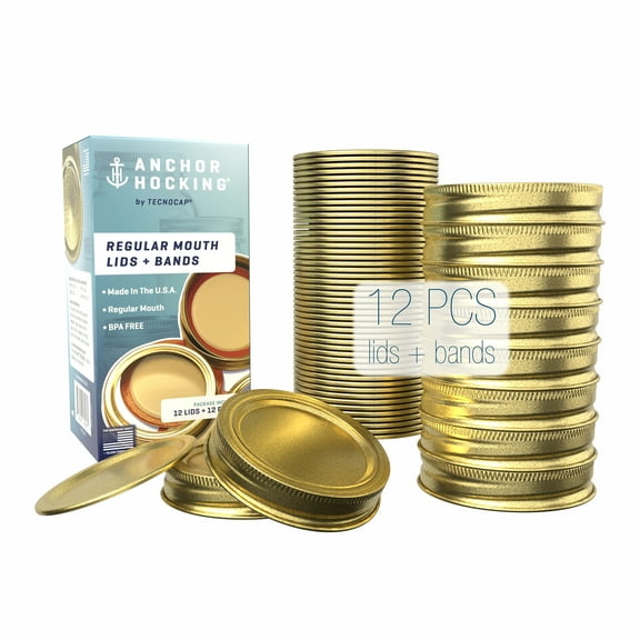 12 Regular Mouth Lids & Bands, Gold Color, Red Plastisol