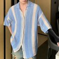 thumbnail image 4 of Xioeram Summer Men Shirt Knitted Color Matching Lapel Elastic Japanese Style Single-breasted Short Sleeves Retro Antu-shrink Casual Vacation Beach Top Knitwear, 4 of 7