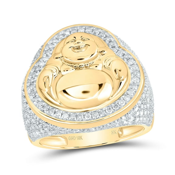 10kt Yellow Gold 1 5/8 Cttw Natural Diamond Laughing Buddha Mens Ring, Men Size: 8-12