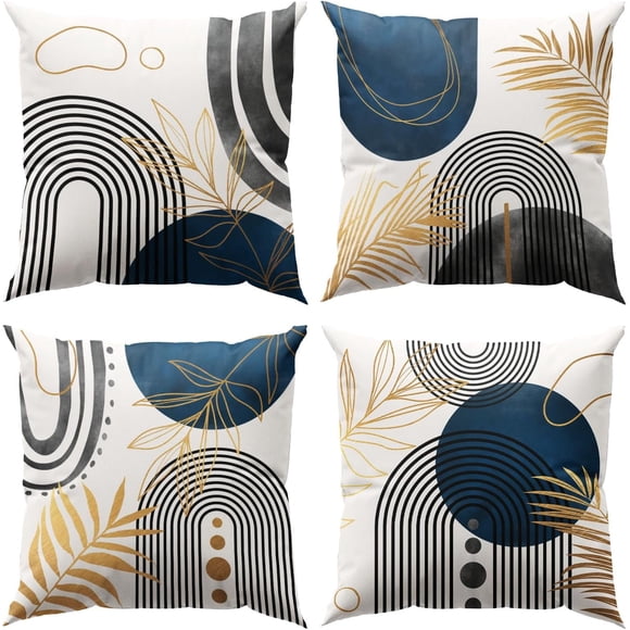 Housses de Coussin Boho Bleu et Gris Lot de 4 18x18 Pouces Géométrique Abstrait Housses de Coussin pour Décoration Moderne Mi-Siècle sur Canapé Lit Salon Élégant et Fonctionnel