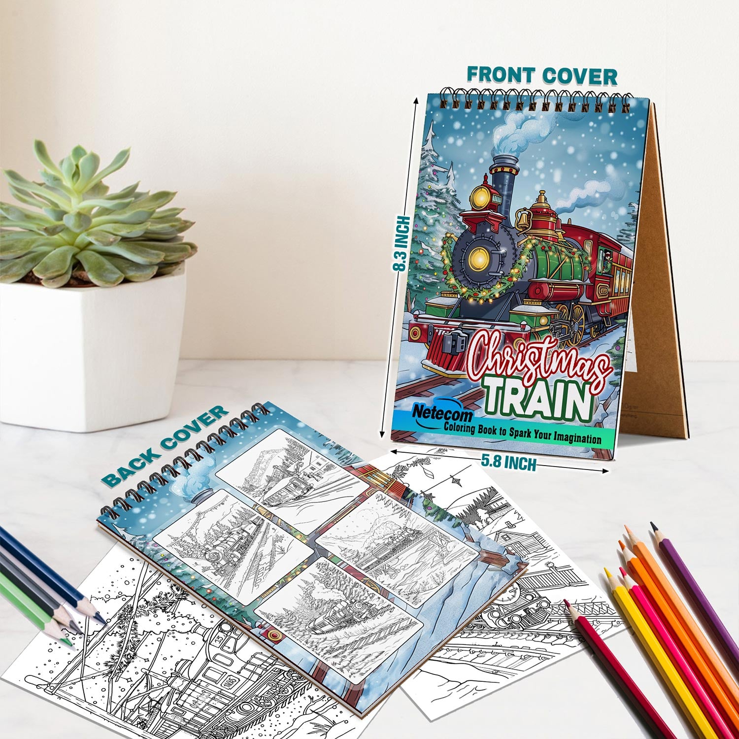 Netecom Christmas Train Coloring Book Spiral Bound for Adults, A5 Wooden Cover, 30 Enchanting Coloring Pages of Magical Train to the North Pole for Stress Relief and Relaxation