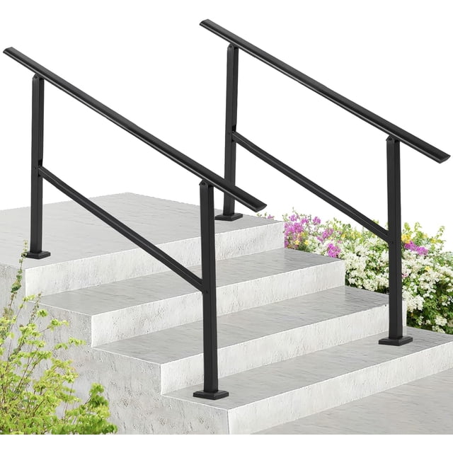 Lot de 2 Rampes Métalliques pour Marches Extérieures, Kit de Rambarde d'Escalier Réglable à 4 Marches pour Porche, Terrasse, Jardin, Noir