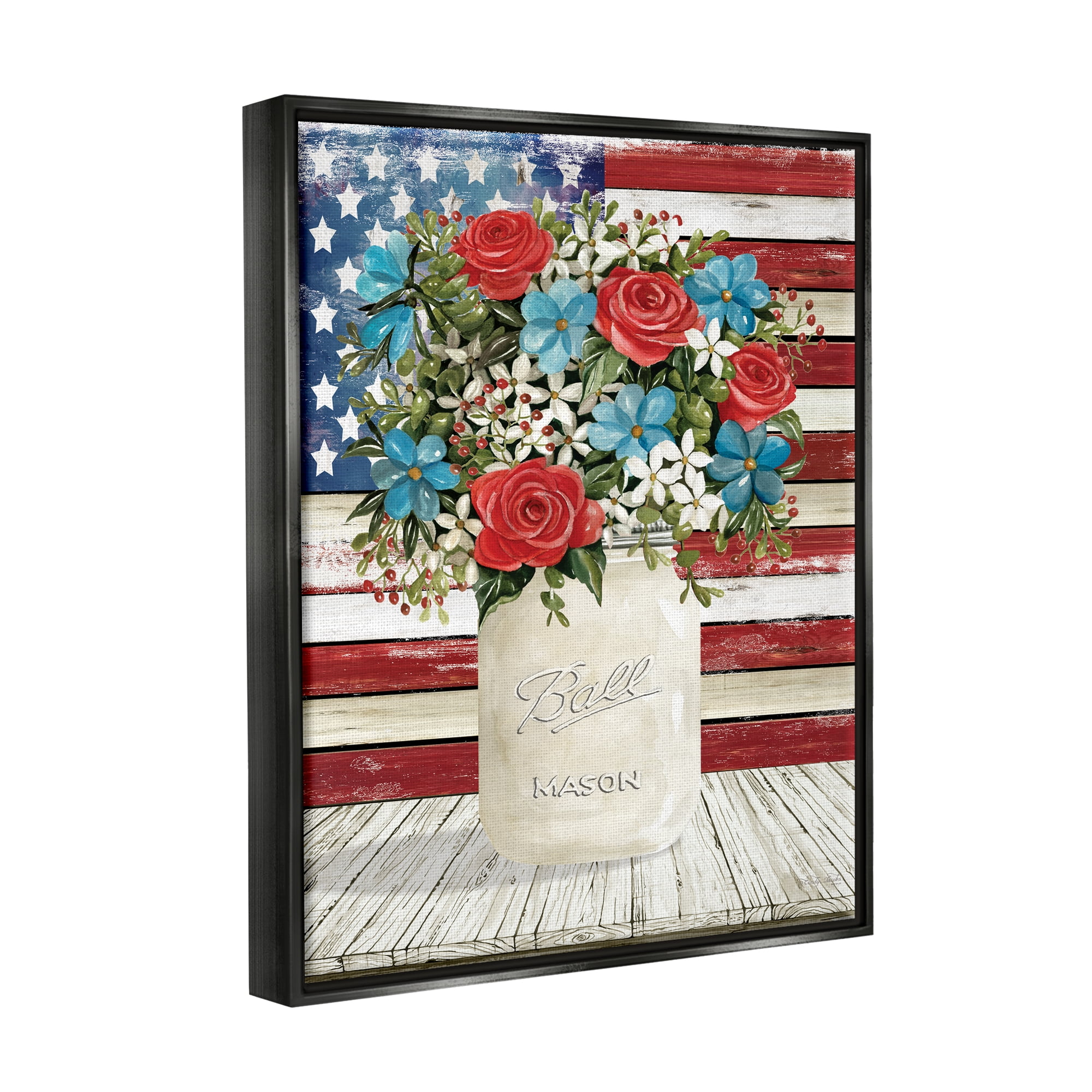 Stupell Americana Flag Festive Bouquet Botanical & Floral Painting Black Floater Framed Art Print Wall Art