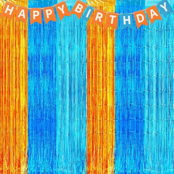 Blue Dog Party Decorations - 2 Packs of 3.3x6.6 ft Orange and Light Blue Foil Fringe Curtains for Birthday Party Supplies, Blue Foil Tinsel Photo Booth Prop Backdrop