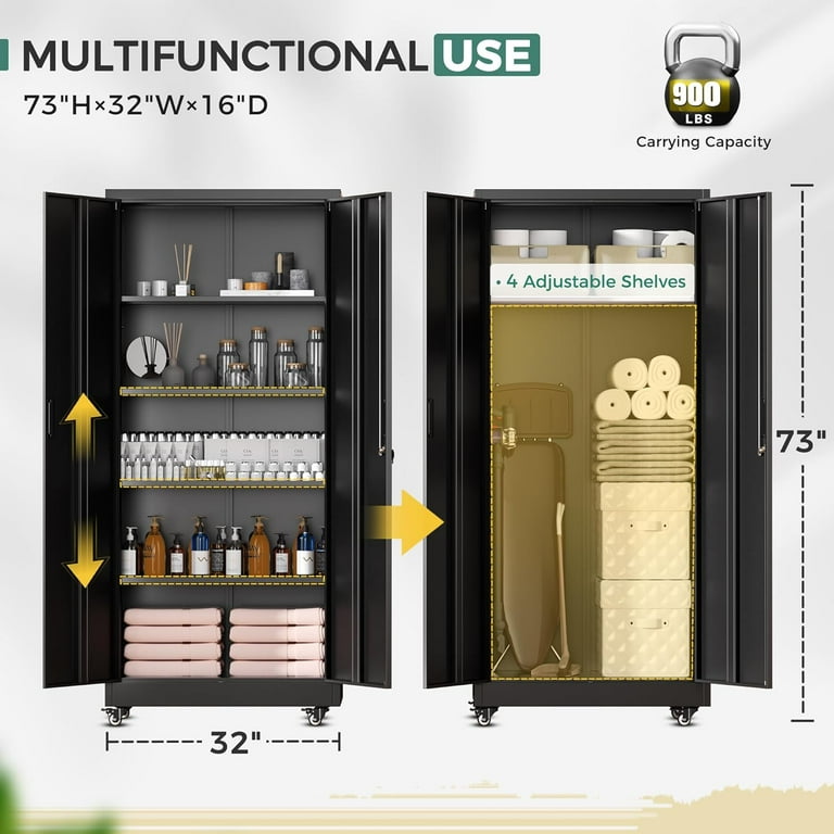 SOLAURA 73 in Metal Storage Cabinet with Wheels, Garage Rolling Cabinet with Locking Doors and 4 Adjustable Shelves, Lockable Tool Storage Cabinets for Garage, Home, Office(Black)